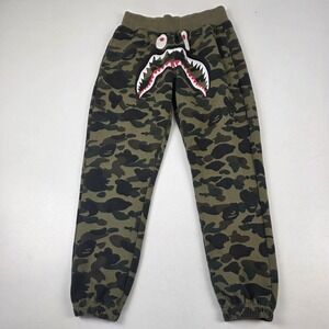 A Bathing Ape Pants Mens Small Green Camo Shark Fleece Sweatpants BAPE Jogger